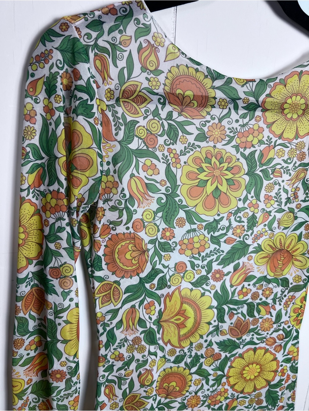 Retro Hippie Mesh Floral Long-Sleeve Mini Sheer Dress Deep V Back - Picture 3 of 14